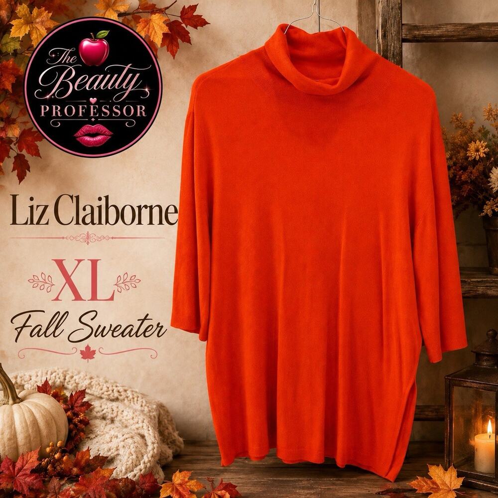 💋 Liz Claiborne XL Neon Orange Fall Sweater Cowl Neck Halloween